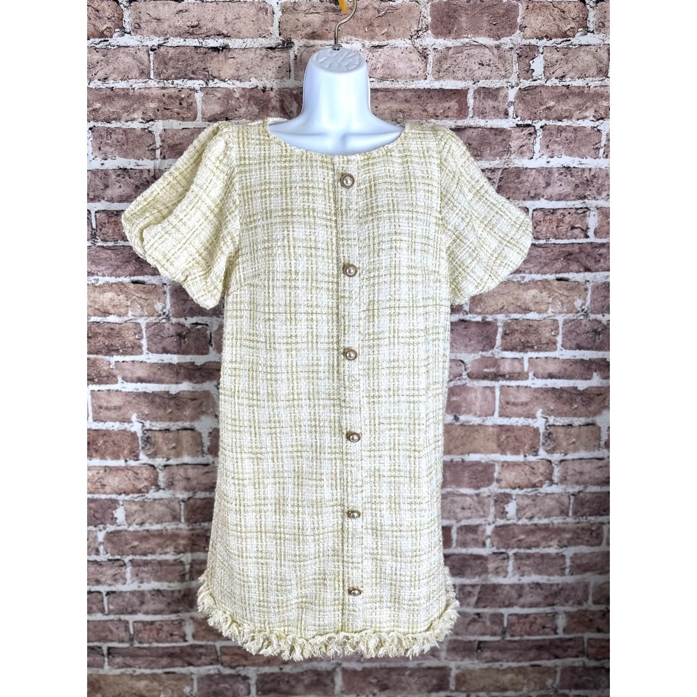 AURA Ivory Gold Metallic Tweed Puff Sleeve Mini Dress Faux Pearl M Old Money - Picture 3 of 13